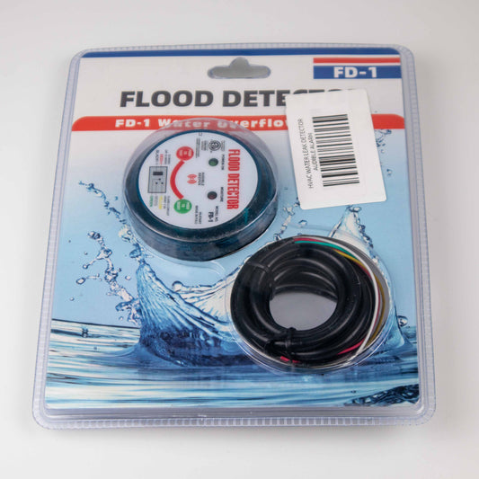 Flood detector water overflow tape set in its original blister packaging, featuring a spool of black tape and a roll of multi-colored connector tape on a blue water splash background.
